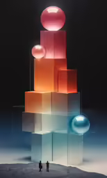 two people stand in front of a large display of cubes