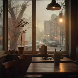 an empty restaurant with two chairs and a table