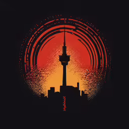 a poster with an orange and yellow circle in the middle