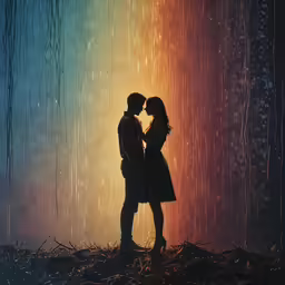 a man and a woman standing next to each other under an umbrella