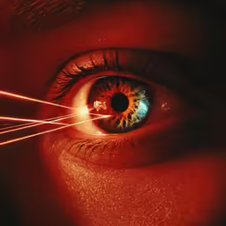 a close up of an orange and blue eye
