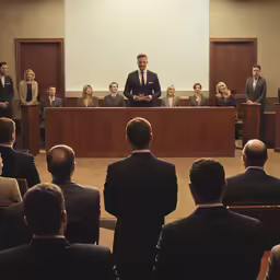 man in black suit sitting at a desk in front of audience
