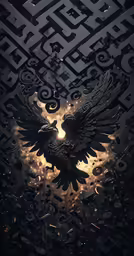 black and gold abstract painting of an intricate eagle