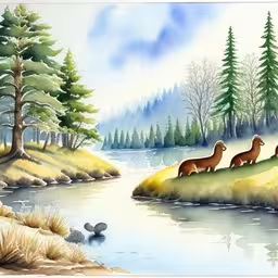 a painting of three brown animals by a river
