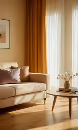 an empty room is adorned with beige curtains and a couch