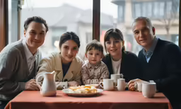 a family with two children sitting at a dinner table