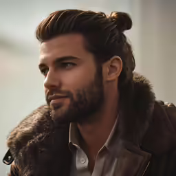 the man has a bun with long hair
