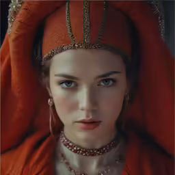 a woman wearing a head scarf over her head