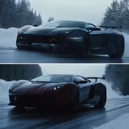 two side by side photos of a supercars on a snow road