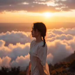 woman looking over a ridge at a beautiful sunset