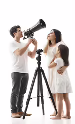 a man is standing near a little girl who is looking through a telescope