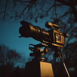 a small old time movie camera on the tripod