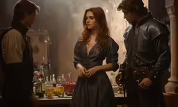 a woman in a dress standing next to two men