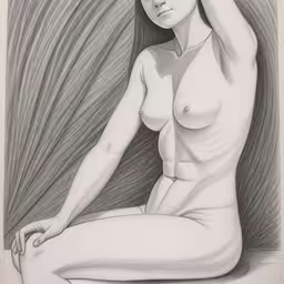 drawing of nude woman with hands up,a drawing of a naked woman sitting on a couch