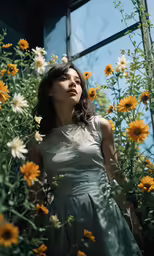 a woman in a grey dress standing by some yellow flowers