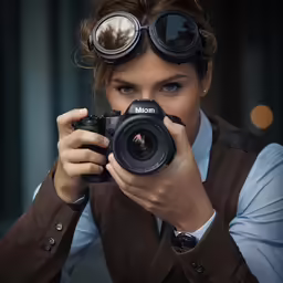 a woman is looking at her camera as she holds up some goggles to take her picture