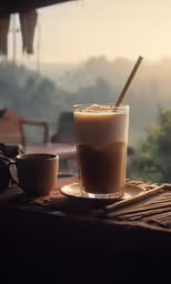 a cup of hot chocolate milkshake on a plate on a wooden table