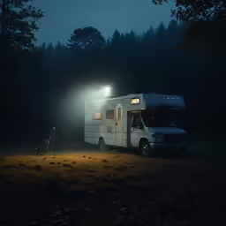 a camper with a roof light is shown parked at night