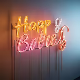 a neon sign that says happy 8 bites
