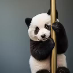 there is a panda bear that is standing up with his hands on the pole