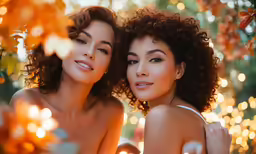 two women with curly hair pose for a photo
