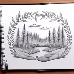 a drawing on paper of a landscape with trees, mountains and a stream,a book with black and white pencil drawings of trees in a wooded area,an artistic drawing of trees in a circle over a stream,a drawing of a small forest lake, surrounded by trees,a drawing of a pond with a wreath over it