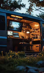 an outdoor camper van with its door open and various things on it