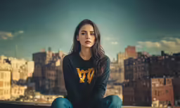 a young woman is sitting in the middle of a city