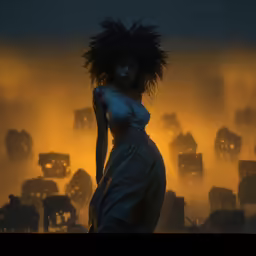 a woman in white dress standing in front of an orange sky