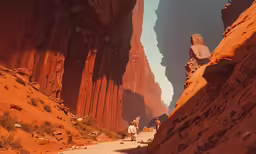 two men walk down a sandy path between rocky mountains