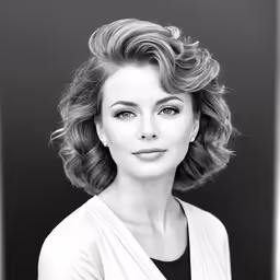 a woman with short hair wearing black and white