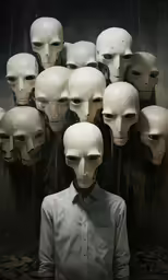 a young man standing in front of an image of five heads