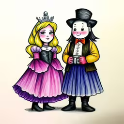 two children wearing costume looking at each other,a drawing of two children wearing formal attire