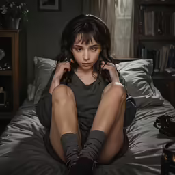 a little girl is sitting on her bed in her underwear