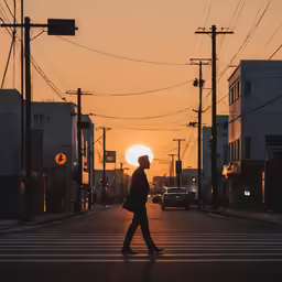 a person walking across a street at sunset