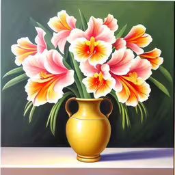 this is an oil painting on canvas of pink flowers,a painting of some flowers in a yellow vase,the painting is in a very large, vivid setting,an image of a yellow vase with flowers in it,painting with flowers in vase on table against green background