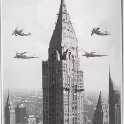 a black and white photo of an aerial view of buildings