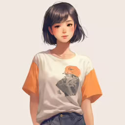 a girl with a short hair wearing an orange and white shirt