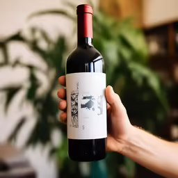 someone holding up a bottle of wine that contains drawings
