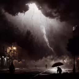 a person holding an umbrella is standing on the sidewalk under some storm clouds