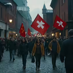 a crowd of people carrying flag on a cobblestone street