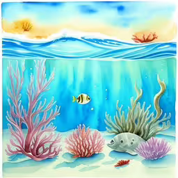 watercolor painting of a fish and sea fans,a watercolor drawing of an underwater scene with fish,a picture of a sea an ocean with different sea creatures and corals,a painting of some underwater things that are under the sea,this is an image of a drawing of a water scene