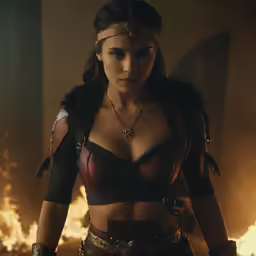 a woman dressed in a costume and jewelry stands by a fire