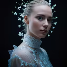 woman wearing blue gown with white flowers in her hair
