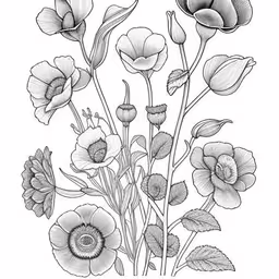 an ink drawing of flowers in black and white,a black and white photo with flowers on it