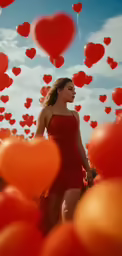 woman standing among red and orange heart balloons
