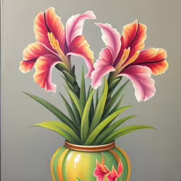 this is a painting of three flowers in a vase,an art painting of a flower pot with flowers in it,a painting of flowers in a green vase,a painting of orange and pink flowers in a green vase,a painting with flowers in a vase that appears to be oil