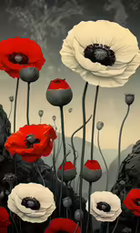 several poppys with large petals and smaller ones standing in a field