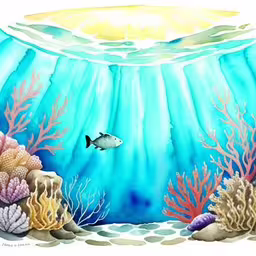 a fish in a water scene with corals,a painting of a fish in a blue ocean,a drawing of a fish in the water on a sunny day,a painting of a fish in the water with algae,an aquarium with a fish and seaweeds