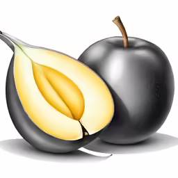 an apple sliced in half and a core is in front of it